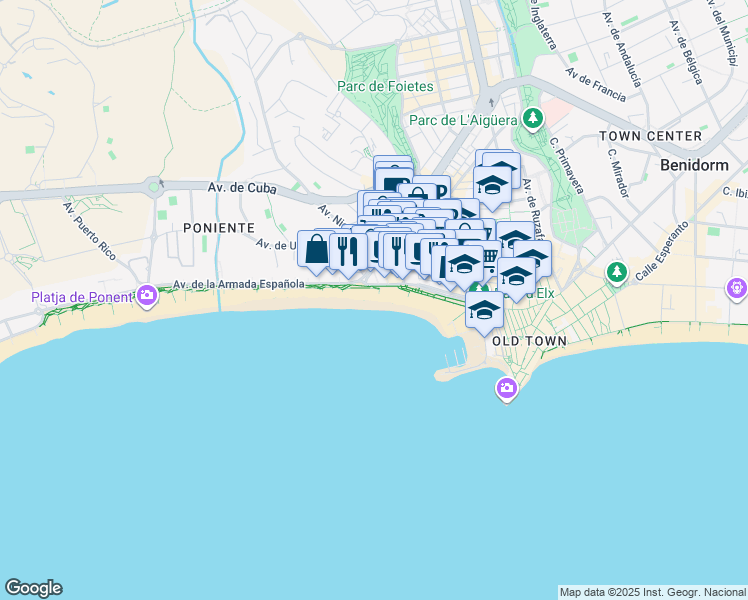 map of restaurants, bars, coffee shops, grocery stores, and more near 30-32 Calle San Pedro in Benidorm