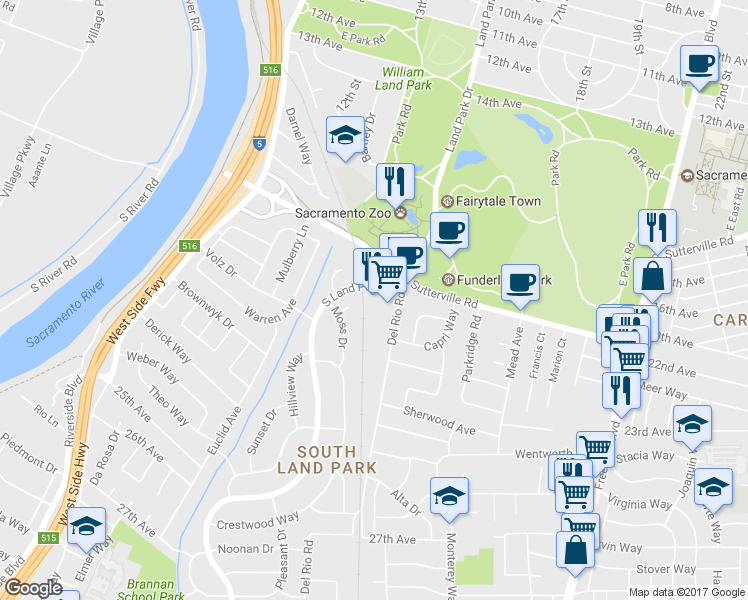 map of restaurants, bars, coffee shops, grocery stores, and more near 4400 Del Rio Road in Sacramento