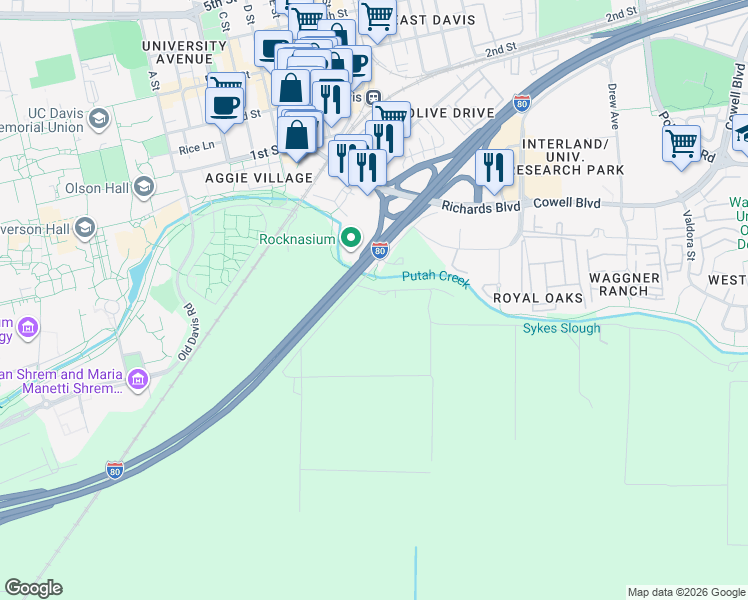 map of restaurants, bars, coffee shops, grocery stores, and more near 1012 Hamel Lane in Davis