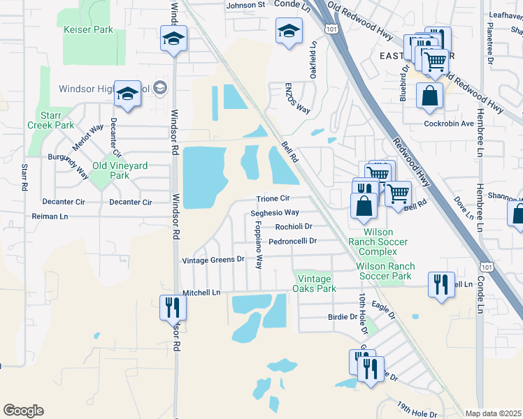 map of restaurants, bars, coffee shops, grocery stores, and more near 7818 Foppiano Way in Windsor