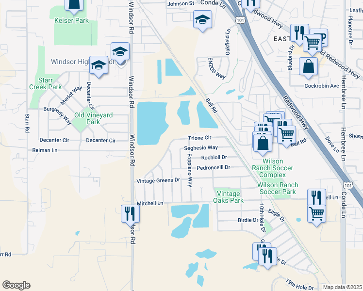 map of restaurants, bars, coffee shops, grocery stores, and more near 1258 Seghesio Way in Windsor