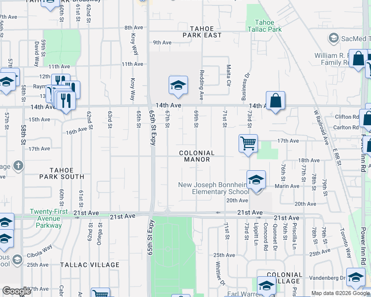 map of restaurants, bars, coffee shops, grocery stores, and more near 6851 18th Avenue in Sacramento