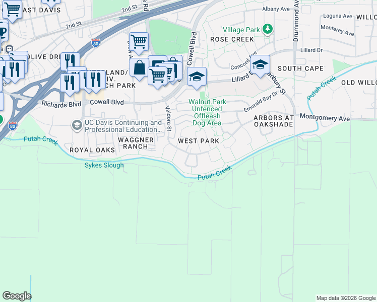 map of restaurants, bars, coffee shops, grocery stores, and more near 1744 Valdora Street in Davis
