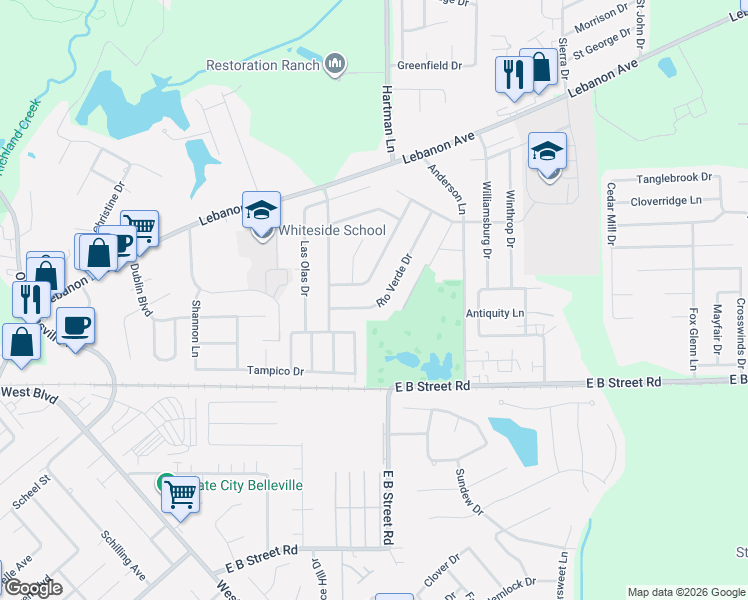 map of restaurants, bars, coffee shops, grocery stores, and more near 126 Rio Verde Drive in Belleville