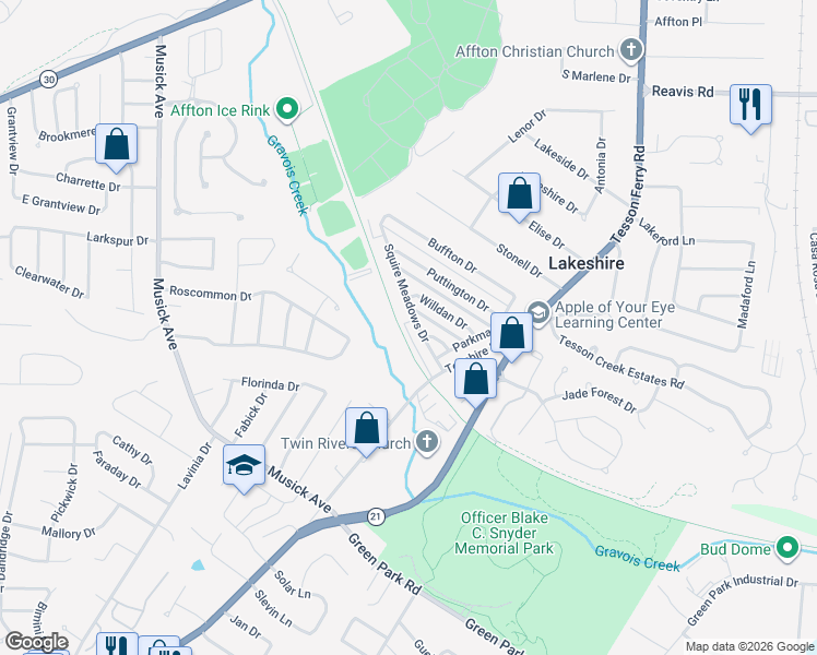 map of restaurants, bars, coffee shops, grocery stores, and more near 10064 Squire Meadows Drive in St. Louis