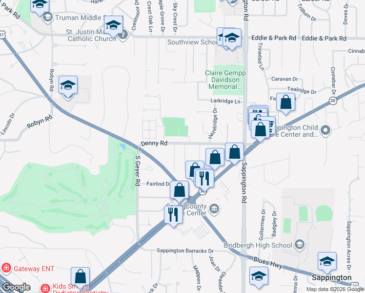 map of restaurants, bars, coffee shops, grocery stores, and more near 9407 Gates Manor Court in St. Louis