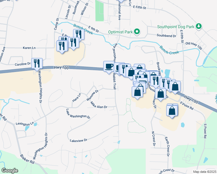 map of restaurants, bars, coffee shops, grocery stores, and more near 5 Wenona Drive in Washington