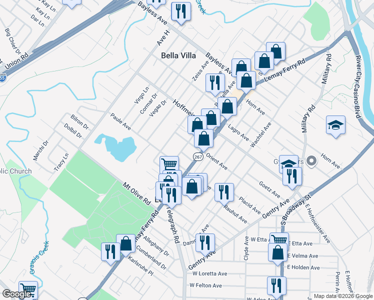 map of restaurants, bars, coffee shops, grocery stores, and more near 3615 Susan Avenue in St. Louis