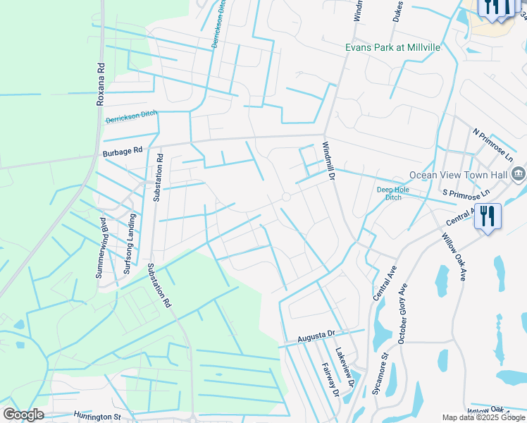 map of restaurants, bars, coffee shops, grocery stores, and more near 30195 Brandywine Drive in Millville