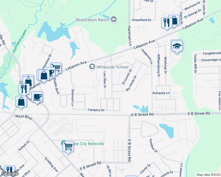 map of restaurants, bars, coffee shops, grocery stores, and more near 209 San Mateo Drive in Belleville