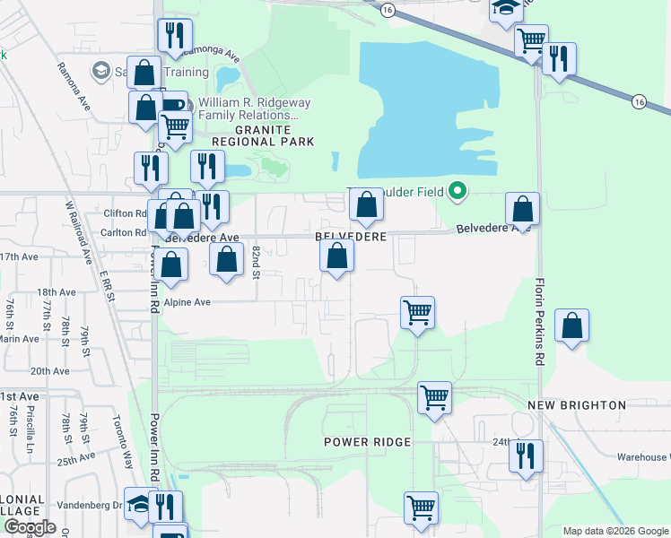 map of restaurants, bars, coffee shops, grocery stores, and more near 8267 Alpine Avenue in Sacramento