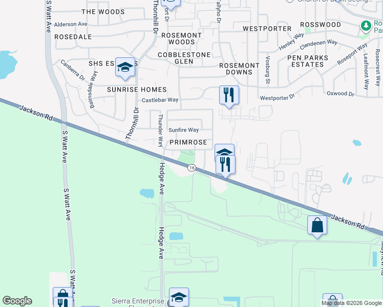 map of restaurants, bars, coffee shops, grocery stores, and more near 9142 Rose Parade Way in Sacramento