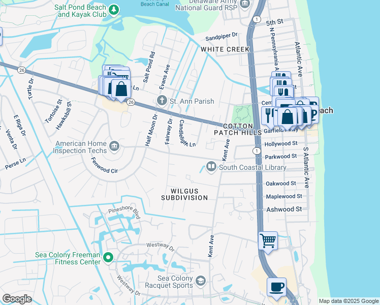 map of restaurants, bars, coffee shops, grocery stores, and more near 424 Collins Street in Bethany Beach
