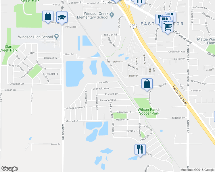 map of restaurants, bars, coffee shops, grocery stores, and more near 1206 SEGHESIO Way in Windsor
