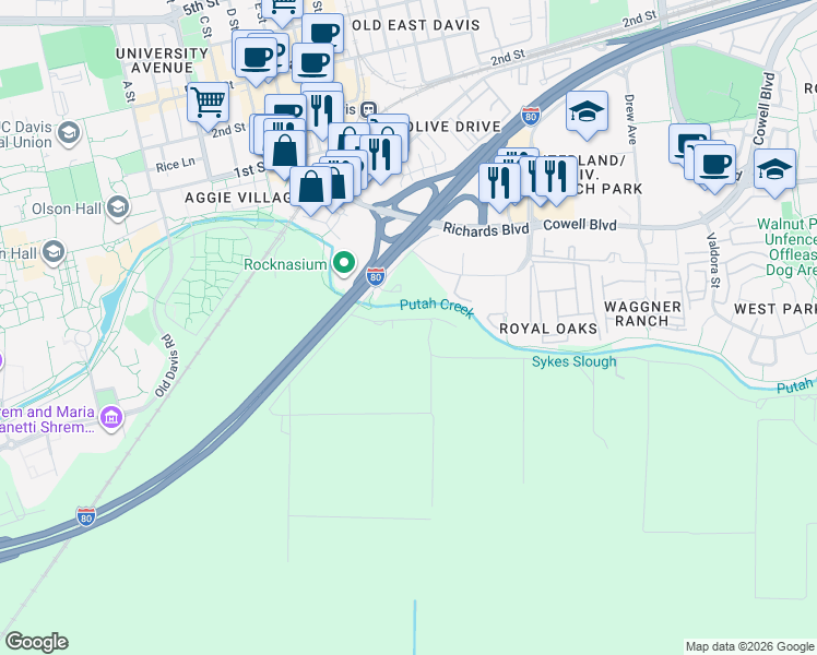 map of restaurants, bars, coffee shops, grocery stores, and more near 1012-7640 Hamel Lane in Davis
