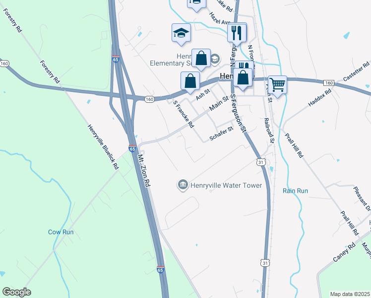 map of restaurants, bars, coffee shops, grocery stores, and more near 200 Kayla Court in Henryville