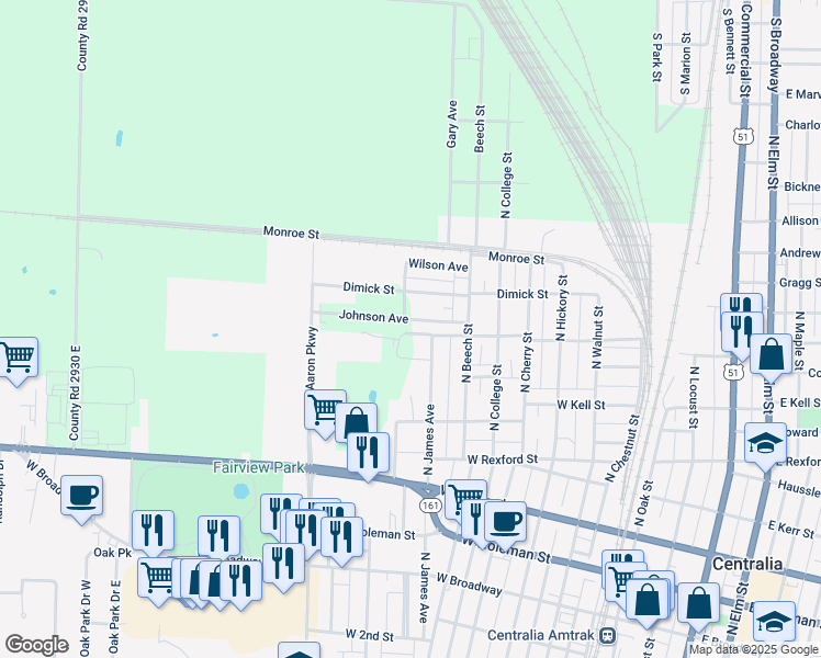 map of restaurants, bars, coffee shops, grocery stores, and more near 615 Johnson Street in Centralia