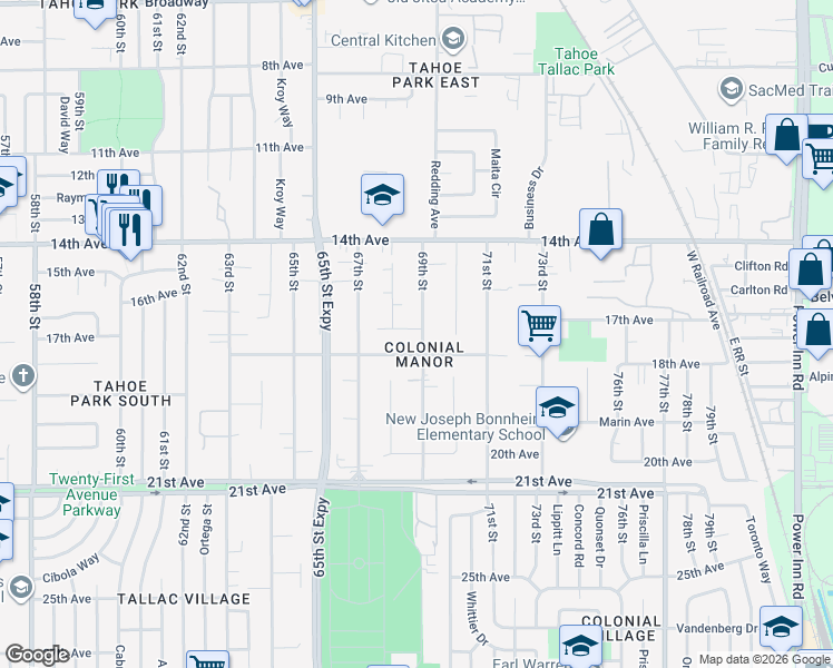 map of restaurants, bars, coffee shops, grocery stores, and more near 4261 69th Street in Sacramento
