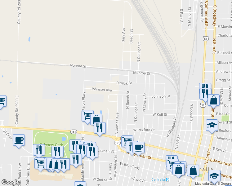 map of restaurants, bars, coffee shops, grocery stores, and more near 615 Johnson Street in Centralia