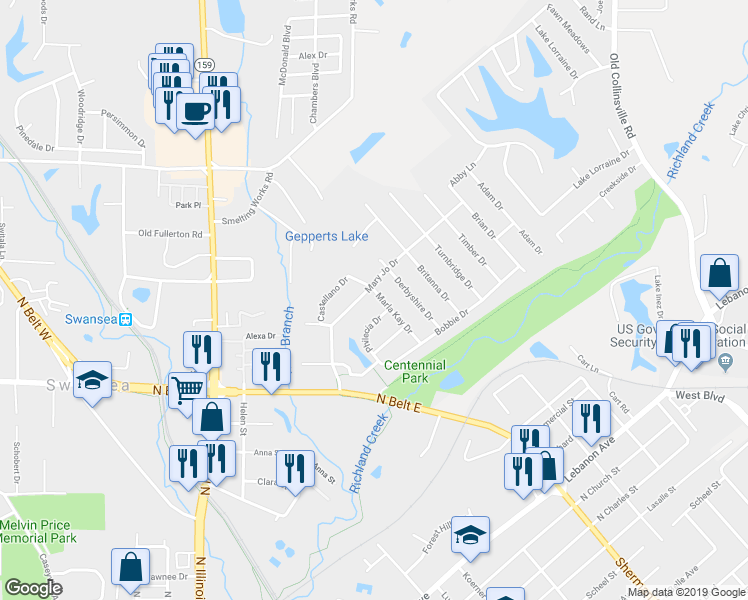 map of restaurants, bars, coffee shops, grocery stores, and more near 217 Marla Kay Drive in Belleville