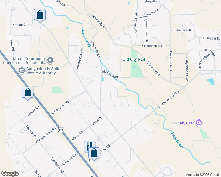 map of restaurants, bars, coffee shops, grocery stores, and more near 2739 East Nuevo Court in Moab