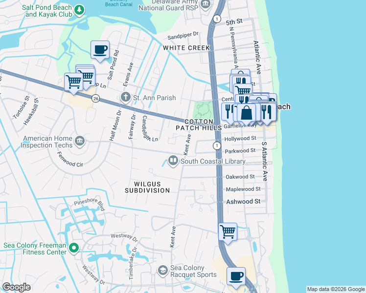 map of restaurants, bars, coffee shops, grocery stores, and more near 421 Collins Street in Bethany Beach