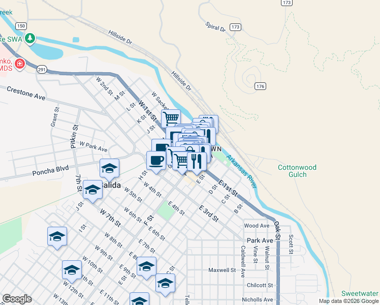 map of restaurants, bars, coffee shops, grocery stores, and more near in Salida