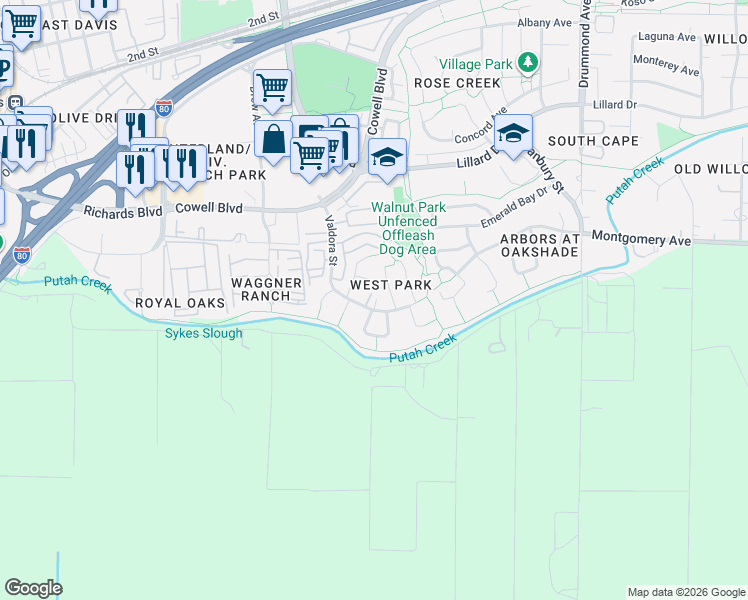 map of restaurants, bars, coffee shops, grocery stores, and more near 1744 Valdora Street in Davis