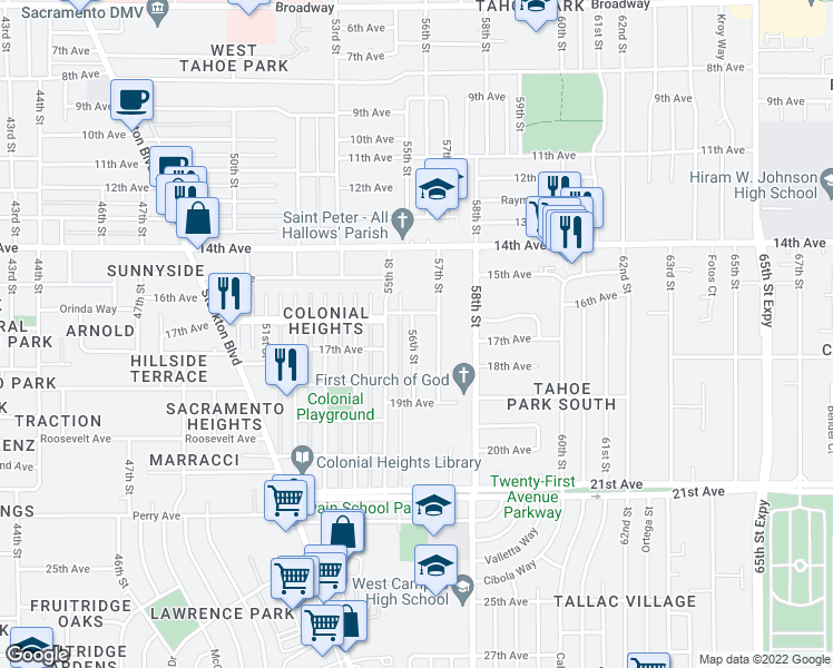 map of restaurants, bars, coffee shops, grocery stores, and more near 4115 56th Street in Sacramento