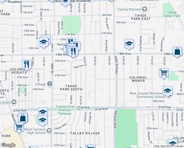 map of restaurants, bars, coffee shops, grocery stores, and more near 4236 63rd Street in Sacramento