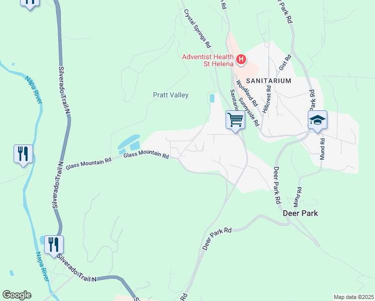 map of restaurants, bars, coffee shops, grocery stores, and more near 125 Glass Mountain Lane in St. Helena