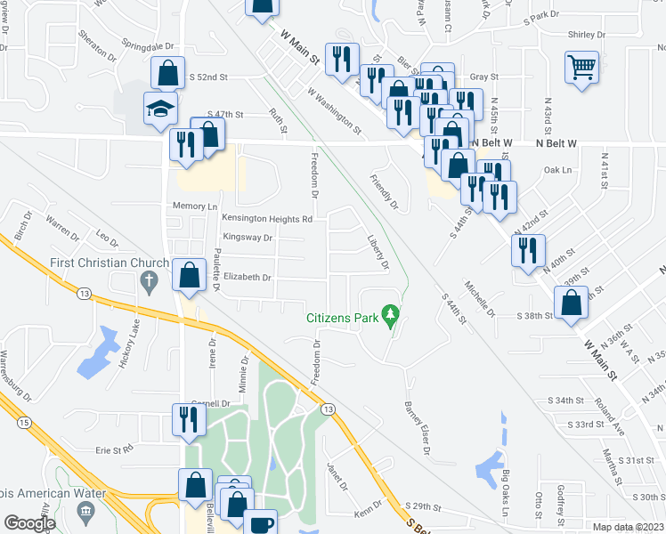map of restaurants, bars, coffee shops, grocery stores, and more near 2 Liberty Drive in Belleville