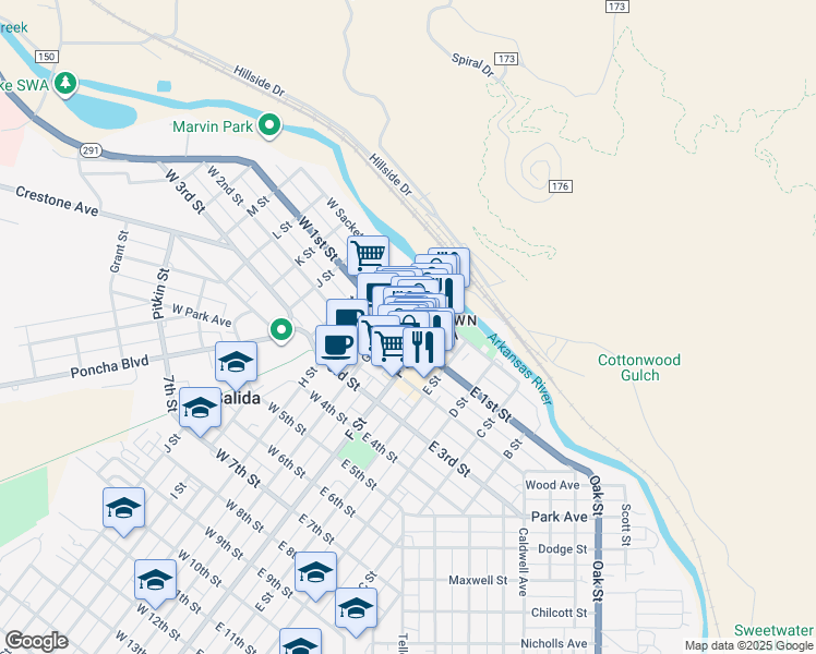 map of restaurants, bars, coffee shops, grocery stores, and more near in Salida