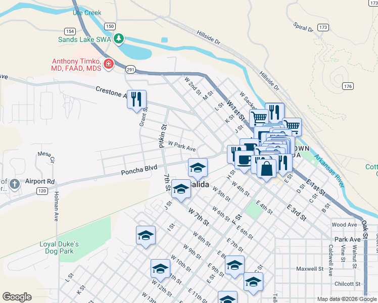 map of restaurants, bars, coffee shops, grocery stores, and more near 102 Poncha Boulevard in Salida