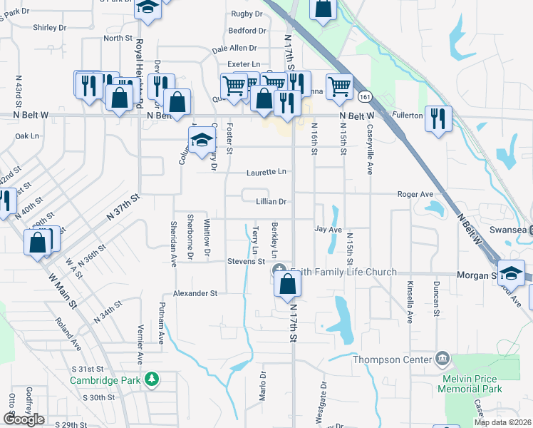 map of restaurants, bars, coffee shops, grocery stores, and more near 1616 Berkley Lane in Belleville