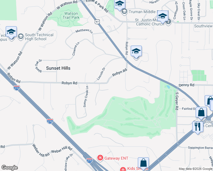 map of restaurants, bars, coffee shops, grocery stores, and more near 12300 Robyn Road in St. Louis