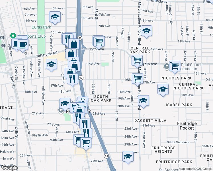 map of restaurants, bars, coffee shops, grocery stores, and more near 4217 34th Street in Sacramento