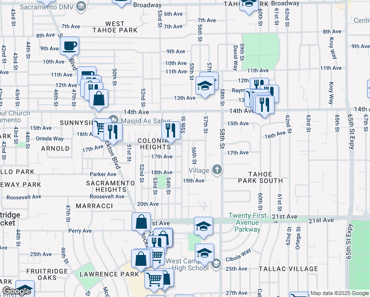 map of restaurants, bars, coffee shops, grocery stores, and more near 4119 55th Street in Sacramento