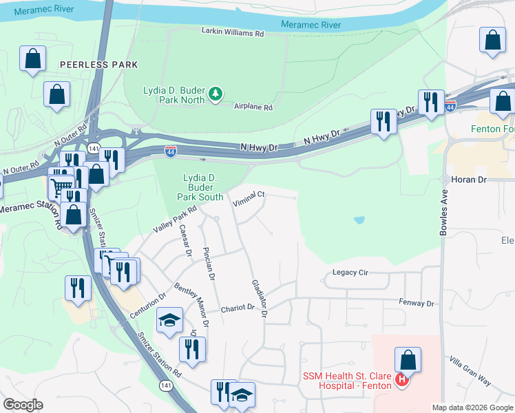 map of restaurants, bars, coffee shops, grocery stores, and more near 2021 Florianus Court in Fenton
