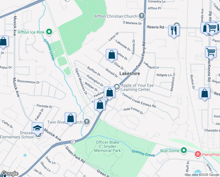 map of restaurants, bars, coffee shops, grocery stores, and more near 10342 Tiffany Village Circle Drive in Affton