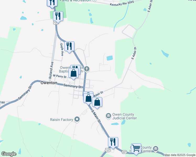 map of restaurants, bars, coffee shops, grocery stores, and more near 125 East Perry Street in Owenton