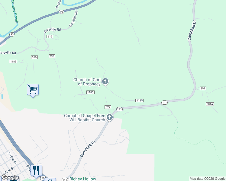 map of restaurants, bars, coffee shops, grocery stores, and more near 302 Township Road 1185 in Ironton