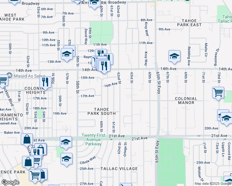 map of restaurants, bars, coffee shops, grocery stores, and more near 4228 61st Street in Sacramento