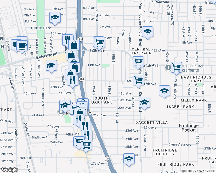 map of restaurants, bars, coffee shops, grocery stores, and more near 4217 34th Street in Sacramento