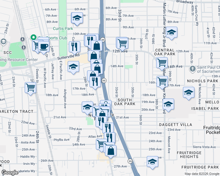 map of restaurants, bars, coffee shops, grocery stores, and more near 4203 32nd Street in Sacramento