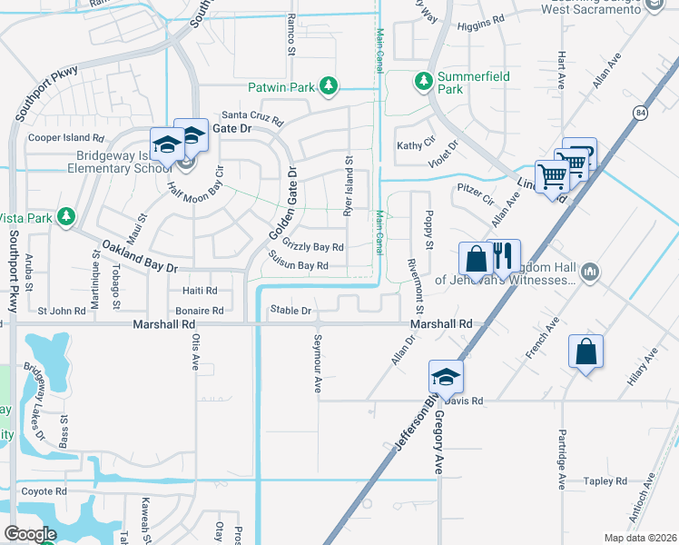 map of restaurants, bars, coffee shops, grocery stores, and more near 3042 Stable Drive in West Sacramento