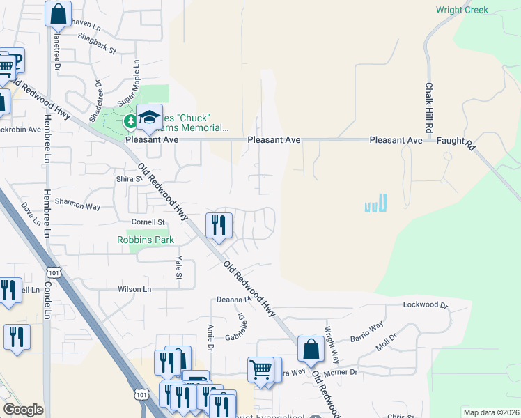 map of restaurants, bars, coffee shops, grocery stores, and more near 77 Shamrock Circle in Santa Rosa