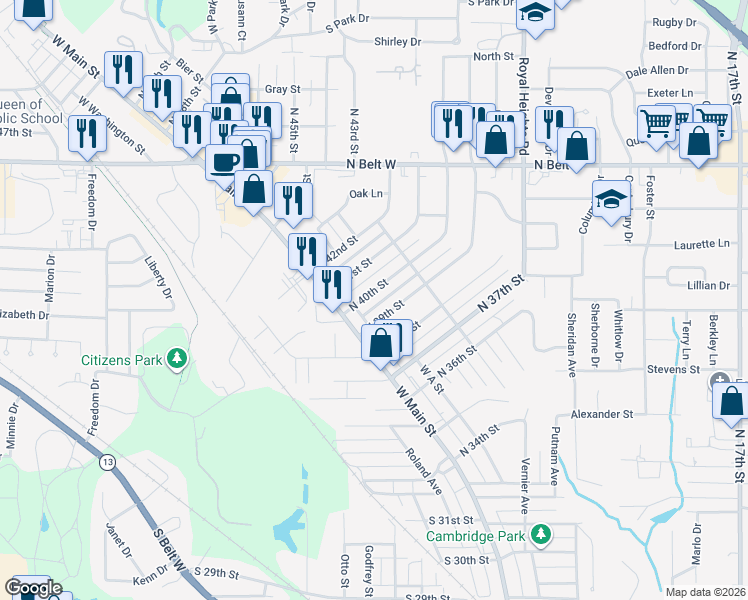 map of restaurants, bars, coffee shops, grocery stores, and more near 10 North 40th Street in Belleville
