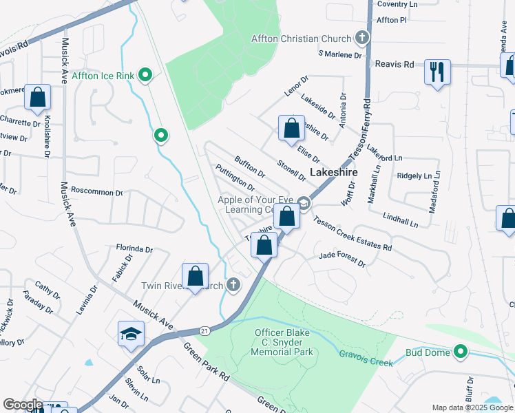 map of restaurants, bars, coffee shops, grocery stores, and more near 10009 Squire Meadows Drive in St. Louis