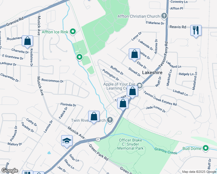 map of restaurants, bars, coffee shops, grocery stores, and more near 10064 Squire Meadows Drive in St. Louis